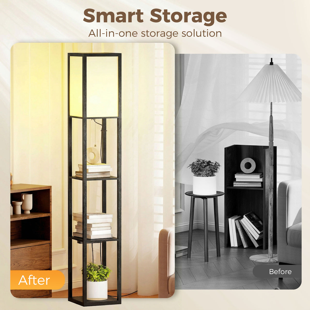 HOMCOM Floor Lamp with Shelves, 3 Layer Column Modern Standing Lamp for Living Room, Bedroom, Office, Black