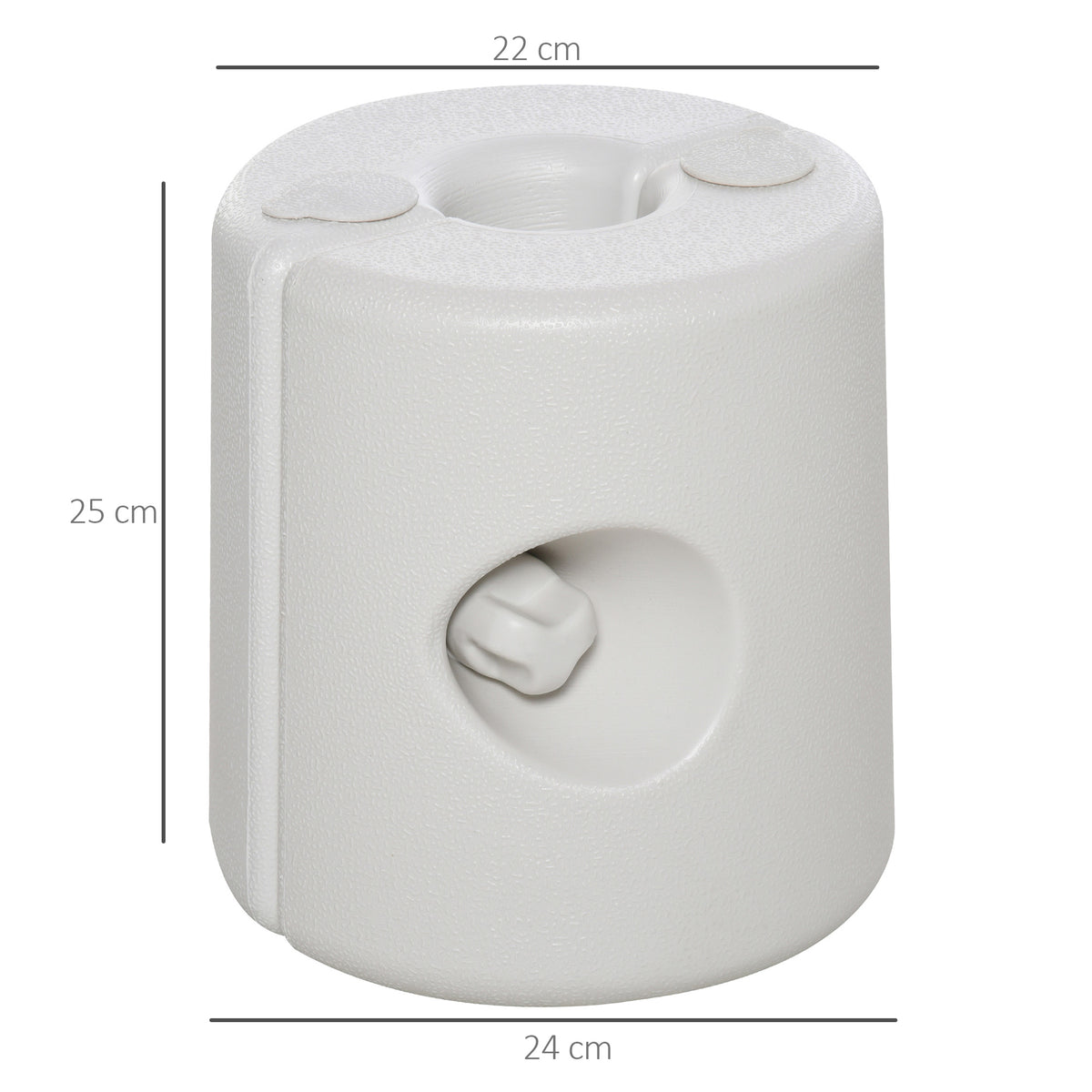 White gazebo leg weight with center opening and fastening knob, shown with dimensions