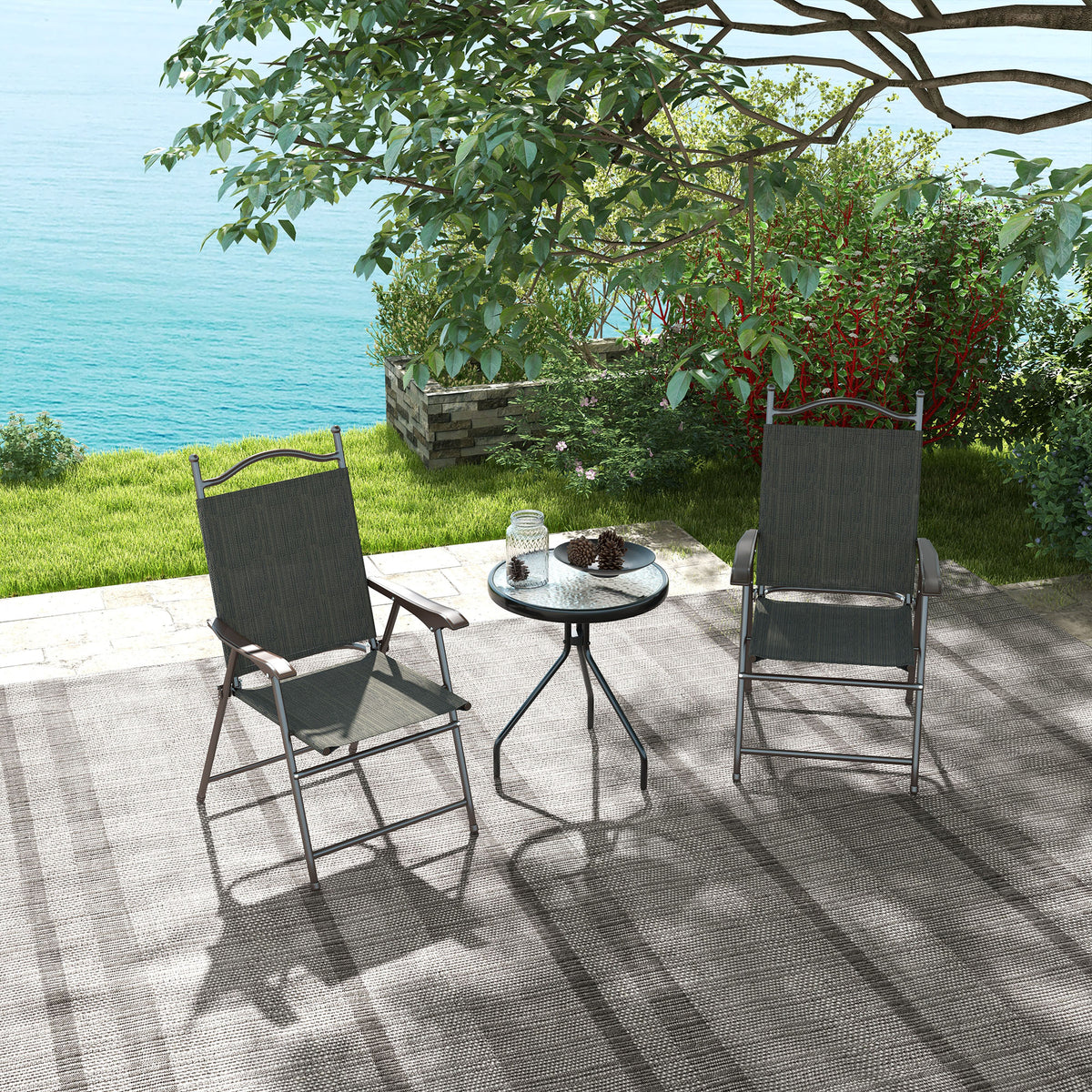 Two Outsunny folding garden chairs with dark mesh seats and backrests