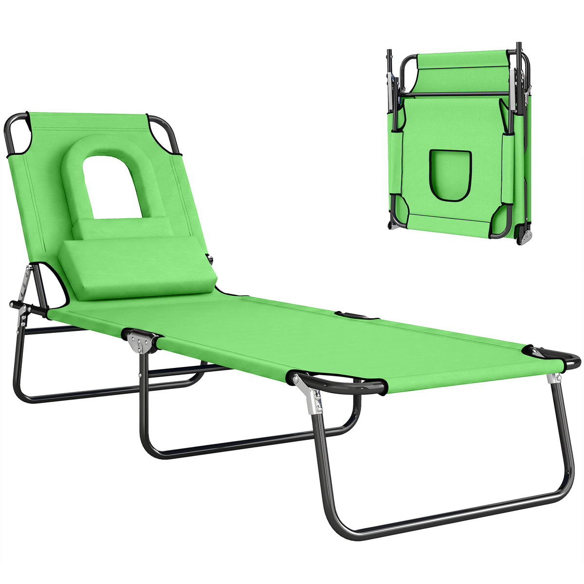 Green sun lounger with raised backrest and face hole, alongside its folded form.