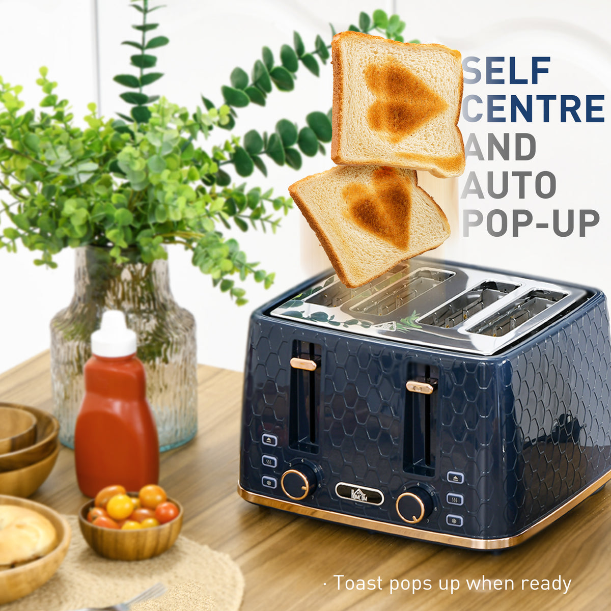 Blue four-slice toaster with toast popping up from its slots
