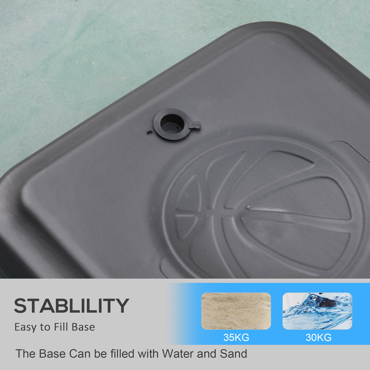 Basketball hoop stand base with fill port for water or sand