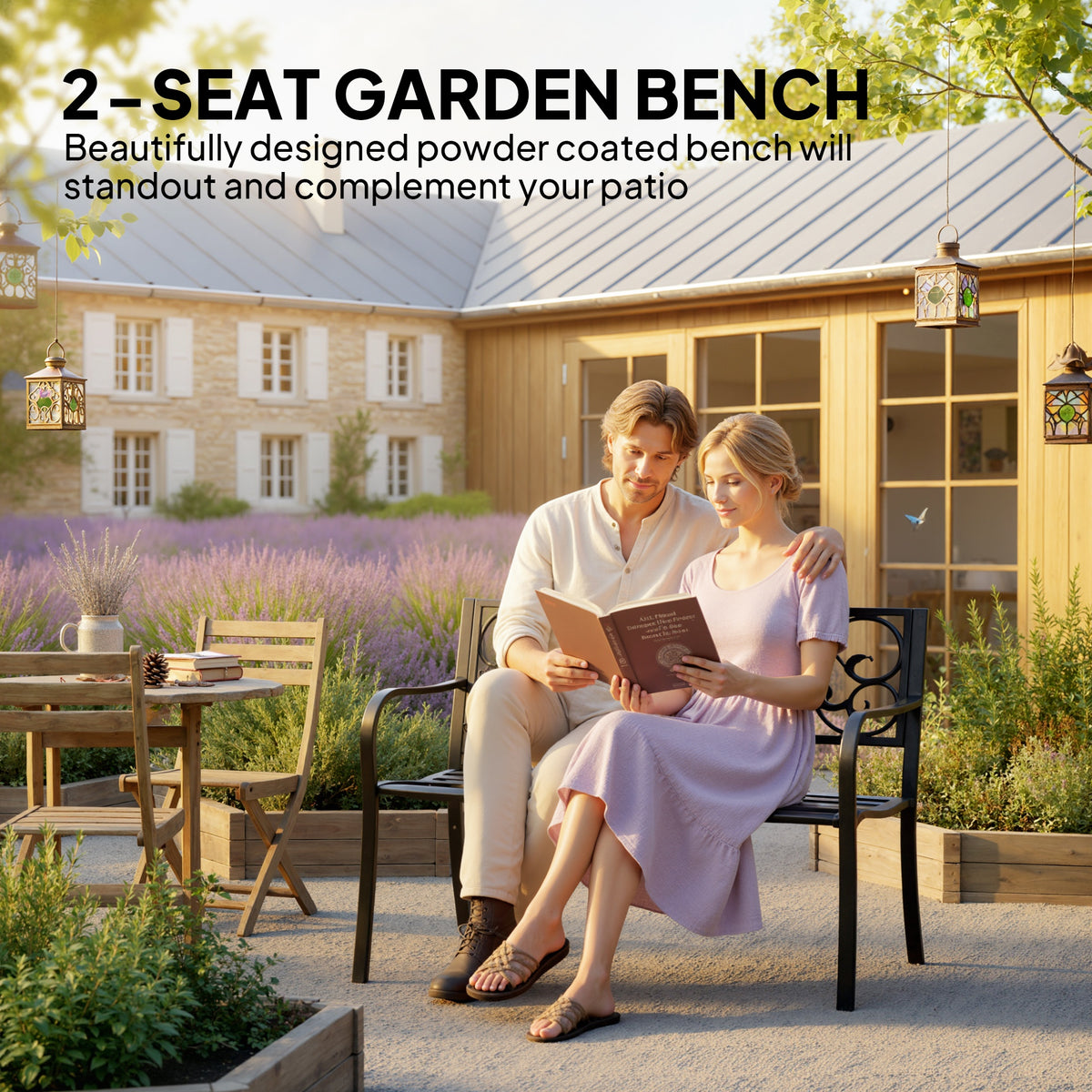 Black two-seat garden bench with ornate metal backrest and slatted seat