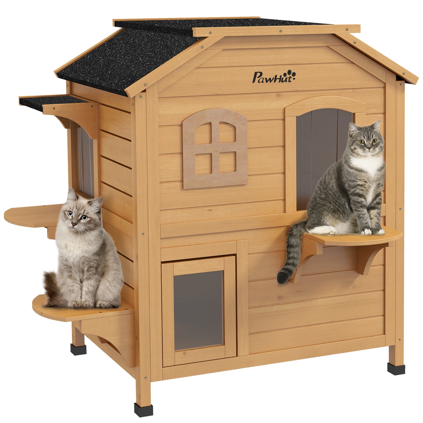 PawHut 2-story Cat House Outdoor, Weatherproof Wooden Cat Enclosure with Openable Roof, Jumping Platforms, Natural Wood Finish