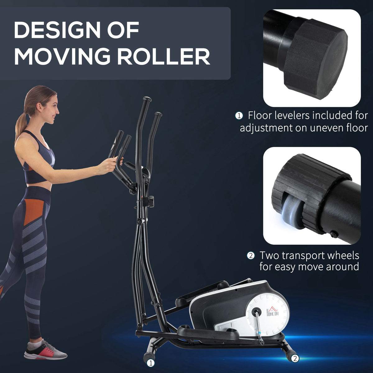 HOMCOM elliptical cross trainer with close-ups of its transport wheels and floor levelers