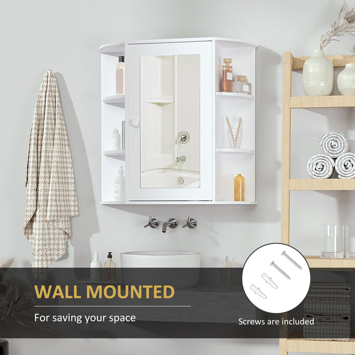 Wall-mounted white mirrored cabinet with open side shelves and included mounting screws