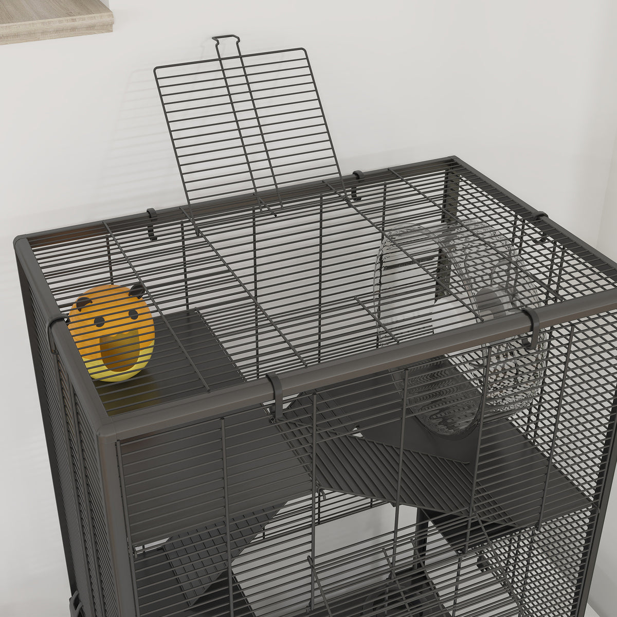 PawHut hamster cage viewed from above, showing open roof door, platforms and running wheel
