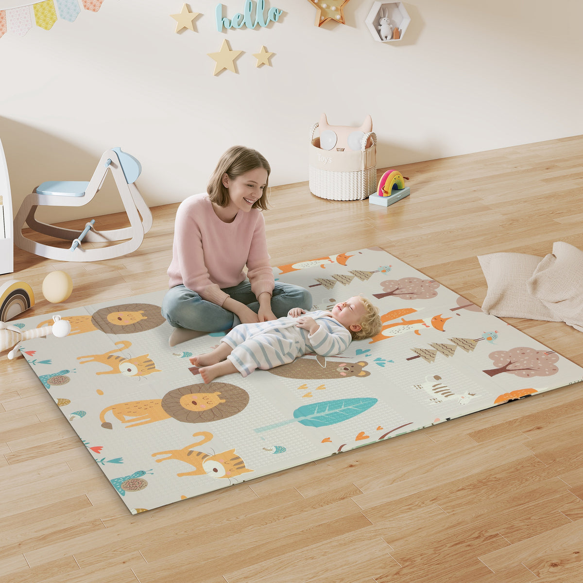 AIYAPLAY Animal-Themed Baby Plat Mat Double Sided, Foldable, Water-Resistant for Outdoor/Indoor, 177 x 146 x 1.5cm