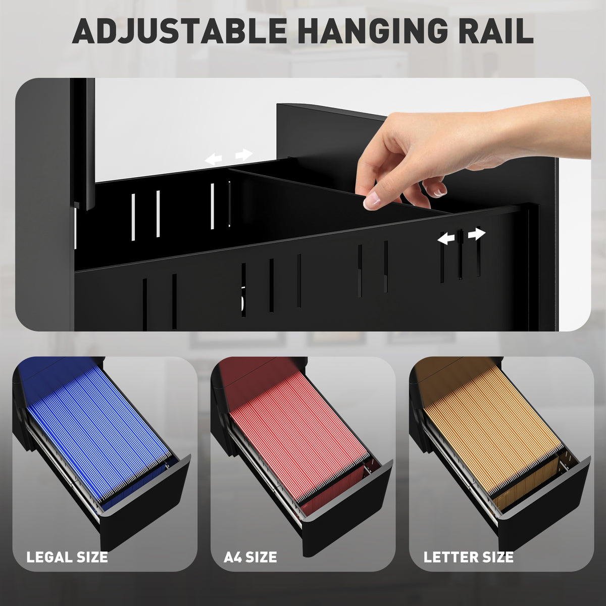 Vinsetto black filing cabinet with adjustable hanging rails for legal, A4, or letter files