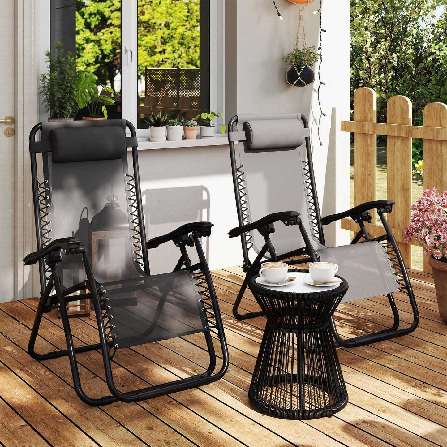Outsunny Zero Gravity Chair Set of 2, Metal Frame Texteline Armchair Outdoor Folding and Reclining Sun Lounger with Head Pillow for Patio Decking Gardens Camping, Grey