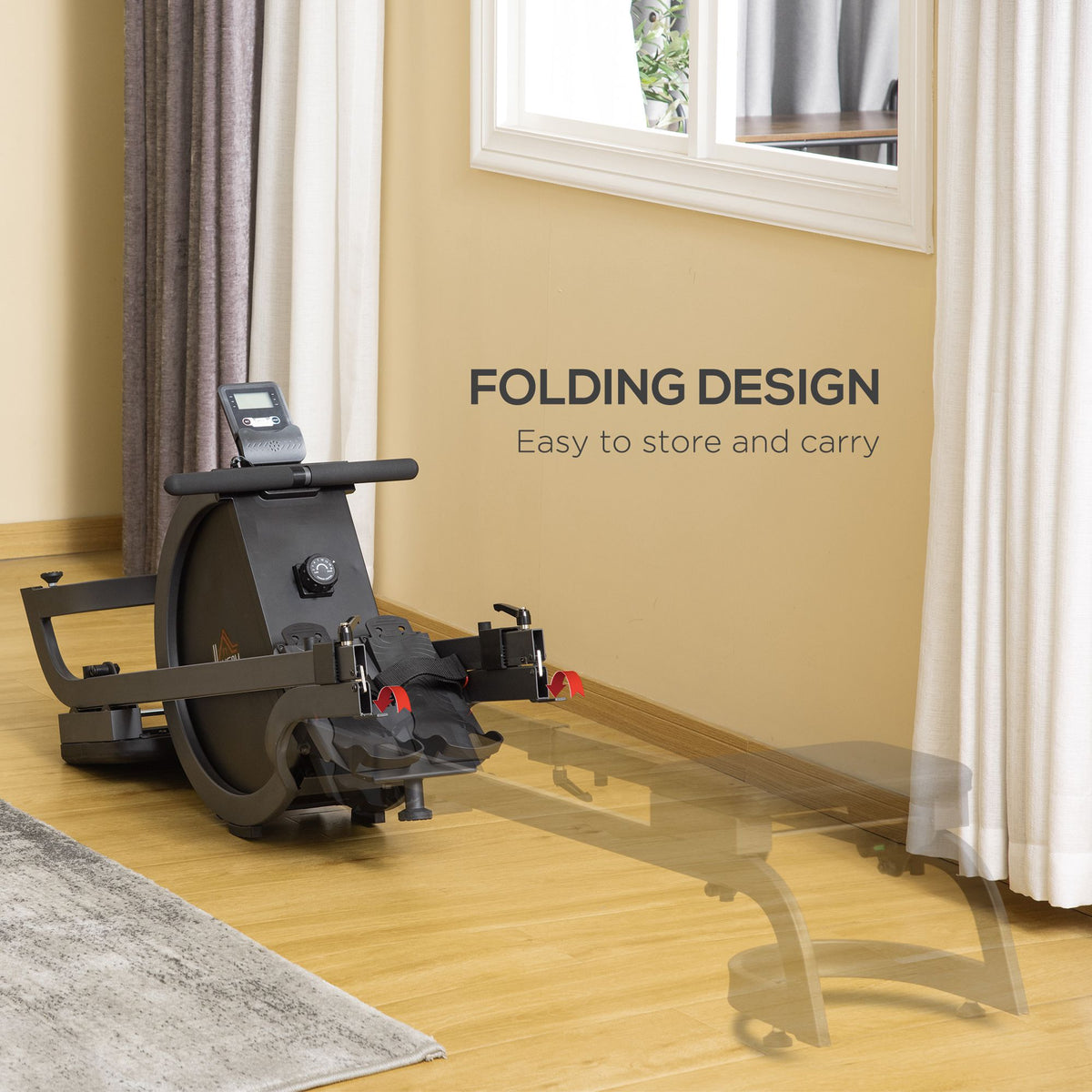 HOMCOM folding rowing machine shown in extended and folded positions