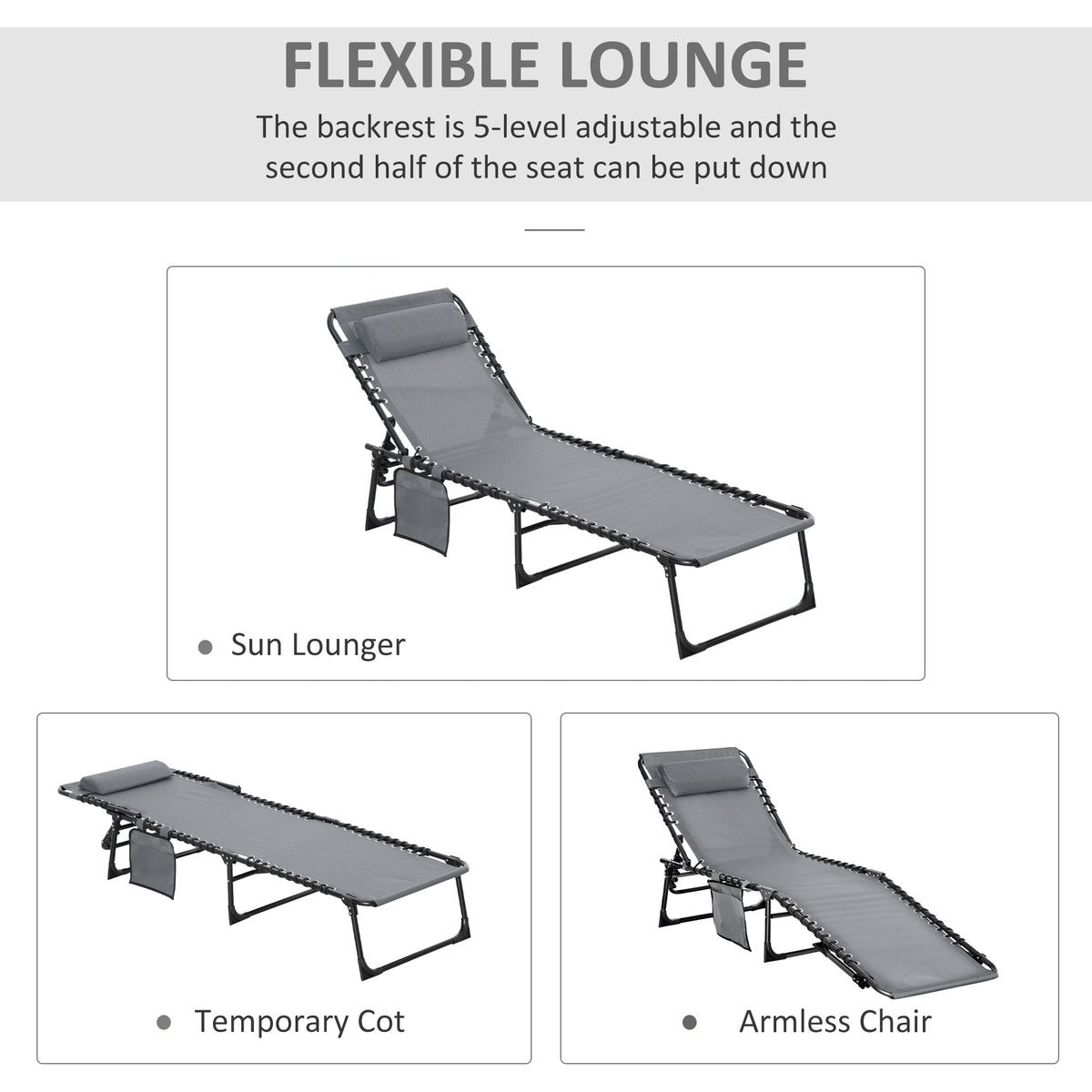 Grey adjustable sun lounger shown as a lounge chair, cot, and armless chair