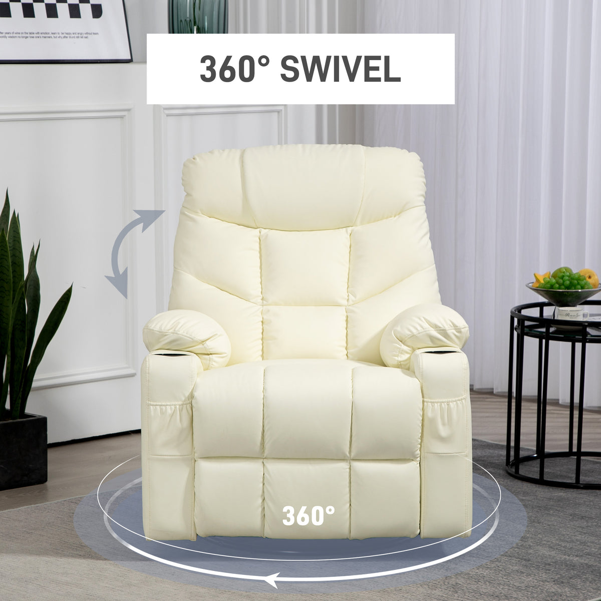 Front view of cream recliner with padded arms and 360-degree swivel base