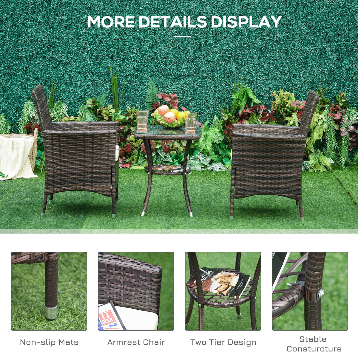 Brown rattan patio set shown from behind, with two chairs and a two-tier table