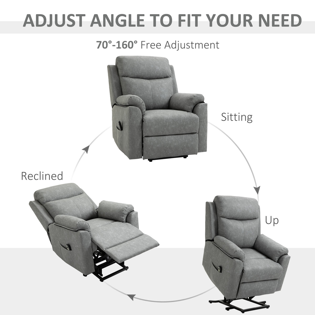Grey faux leather electric riser recliner chair shown sitting, reclining and raised