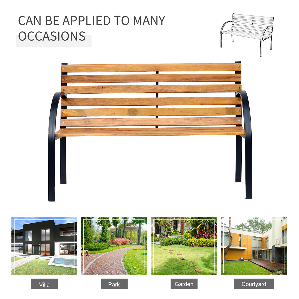 Two-seat garden bench with honey-toned wooden slats and black steel frame