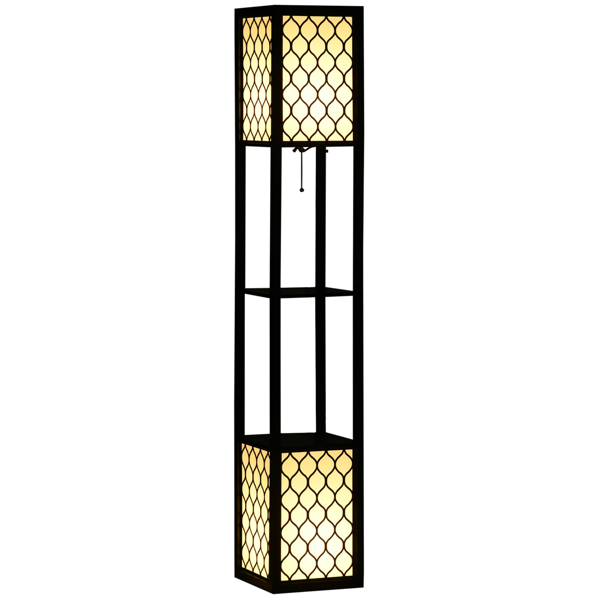 Full-height black floor lamp with patterned shade and lower panel.