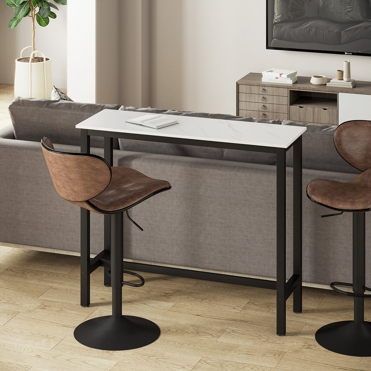 HOMCOM bar table with white marble-effect top and black frame, shown with stools