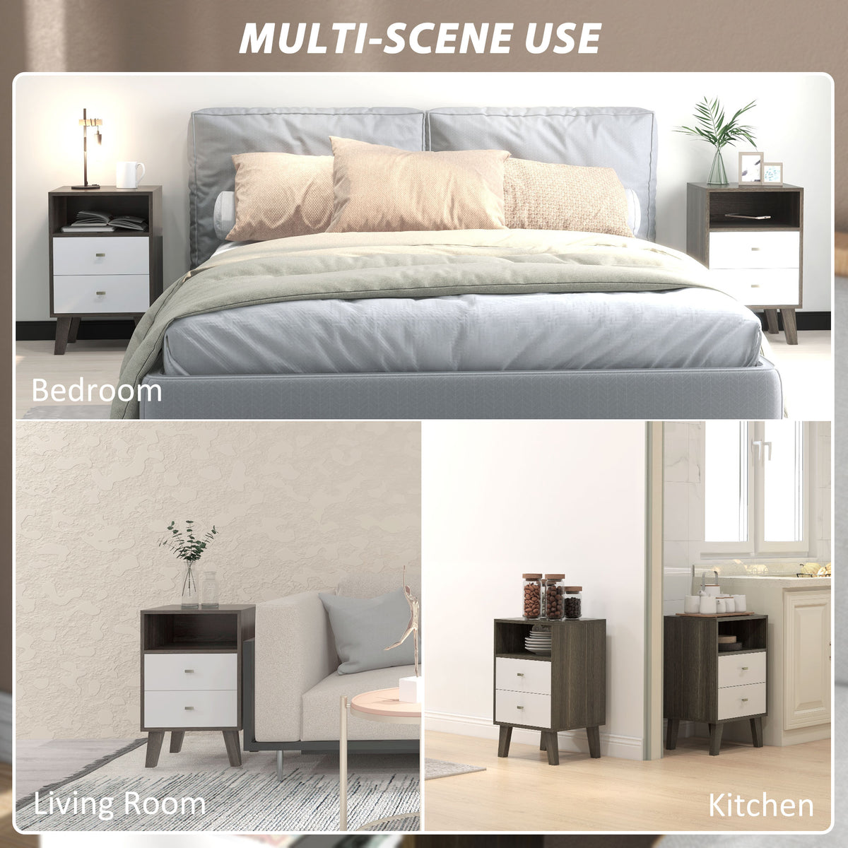 HOMCOM bedside table shown in bedroom, living room and kitchen settings