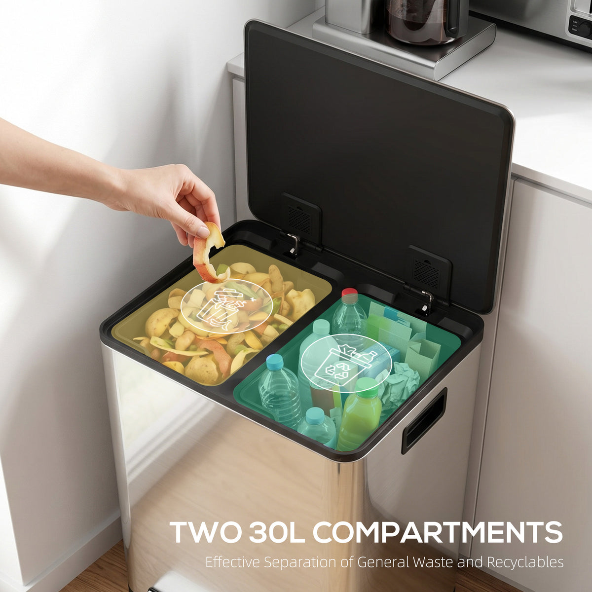 HOMCOM dual-compartment bin with separate sections for general waste and recycling