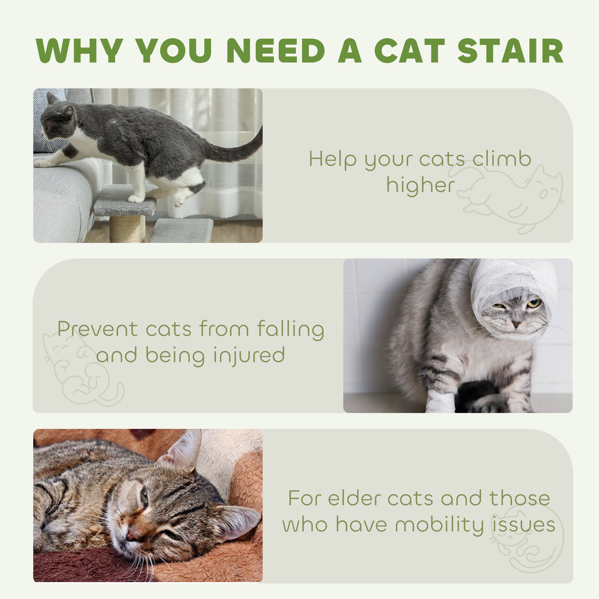 Three-step gray pet stairs shown helping cats climb onto furniture.