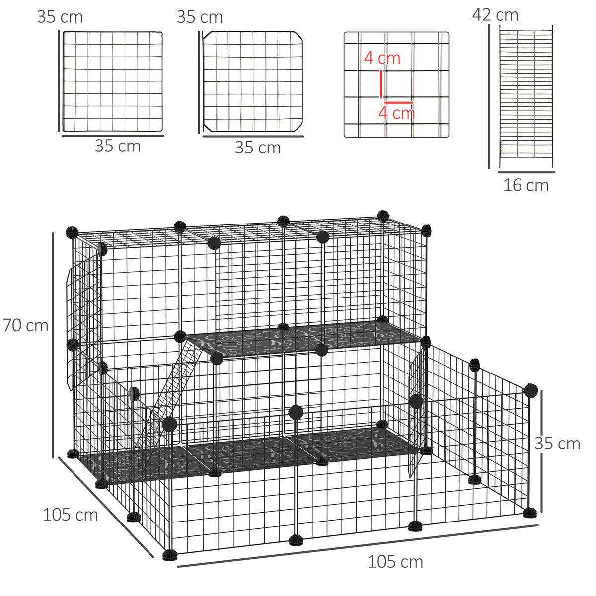 Black modular wire pet playpen with dimensions and panel measurements.