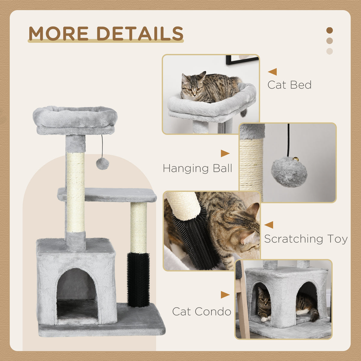 PawHut cat tree detail collage showing its top bed, hanging ball, scratching posts, and cubby
