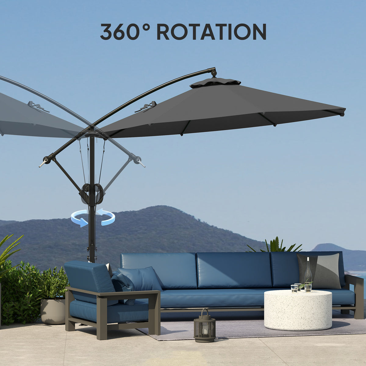 Cantilever patio umbrella showing its 360-degree rotating pole