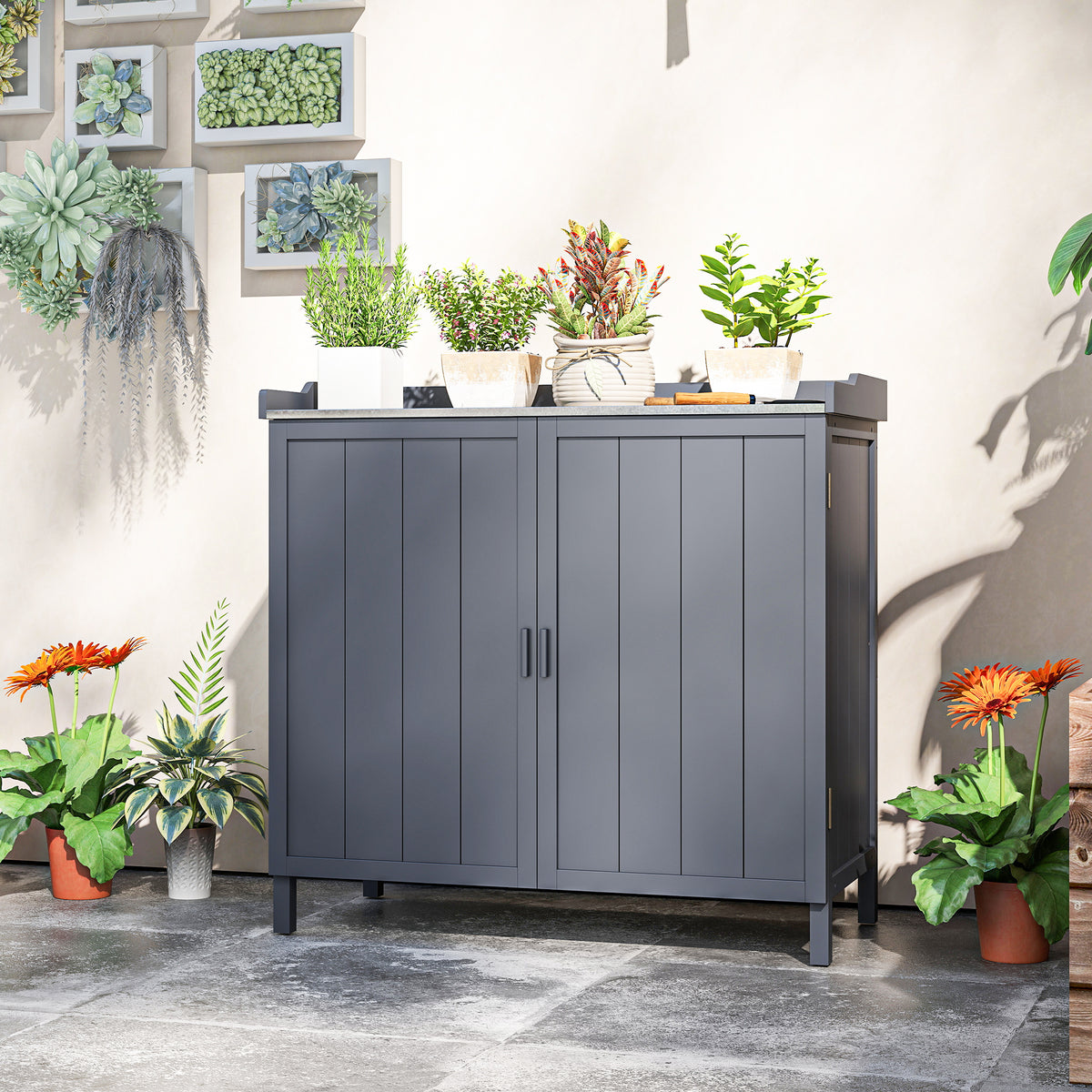 Outsunny Wood Garden Storage Cabinet, Outdoor Tool Shed, Potting Bench Table with galvanised Top and Two Shelves for garden Tools or Pool Accessories, Grey