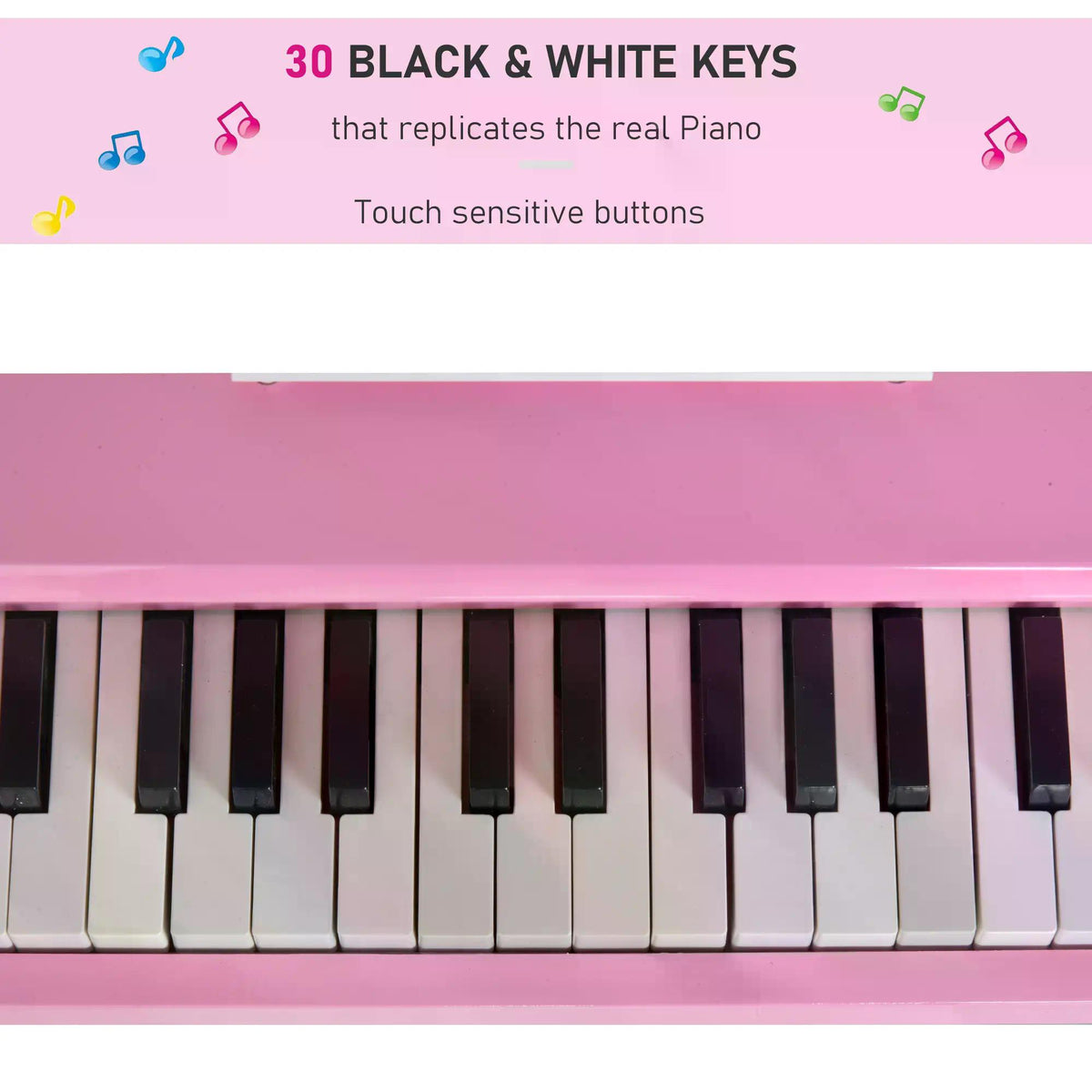 Close-up of the pink piano's black and white keys