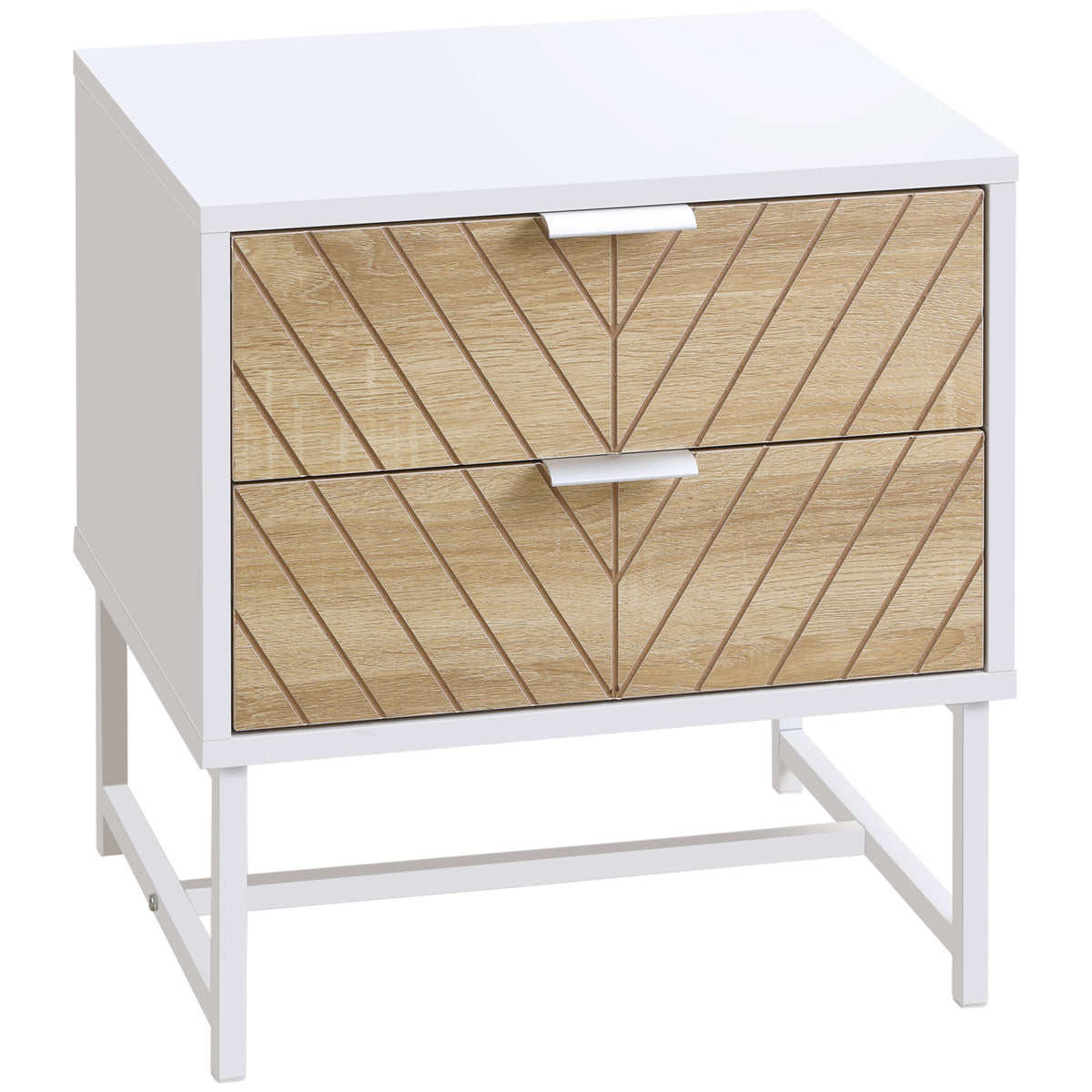 HOMCOM bedside table with two oak-patterned drawers and white metal frame