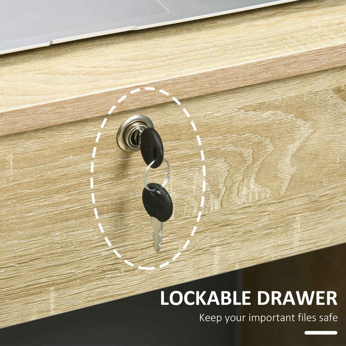 Oak computer desk drawer with lock and keys