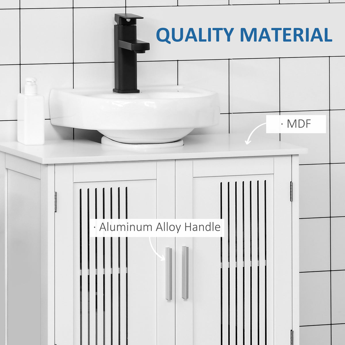 White under-sink cabinet with two doors, silver handles, and an MDF top