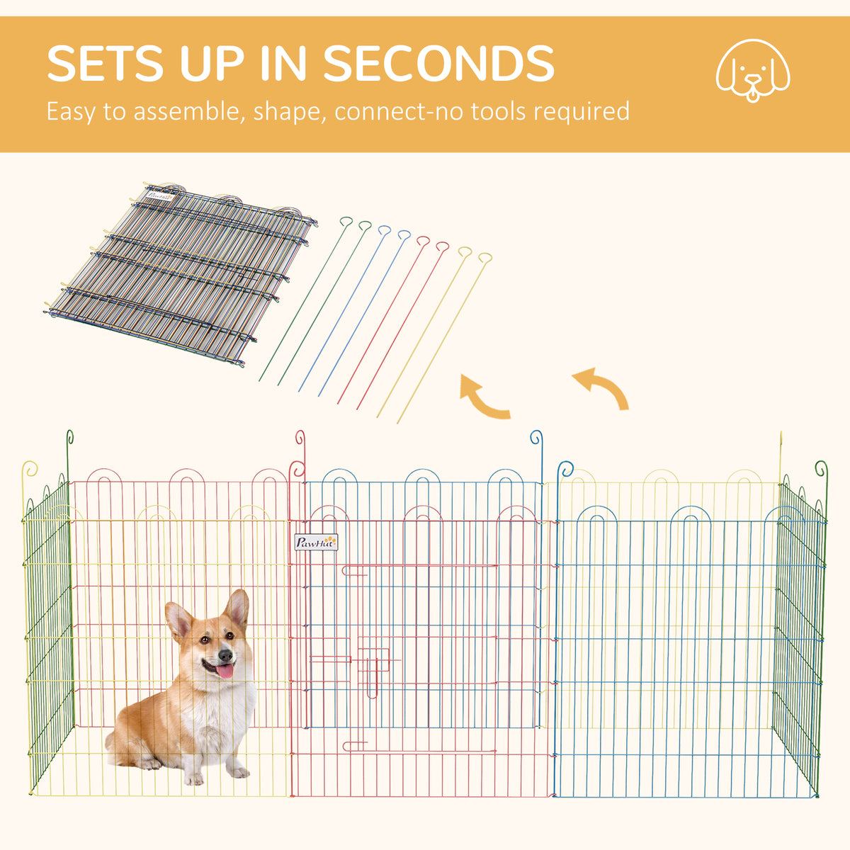 Multicolor metal pet playpen with door, shown assembled with detachable panels