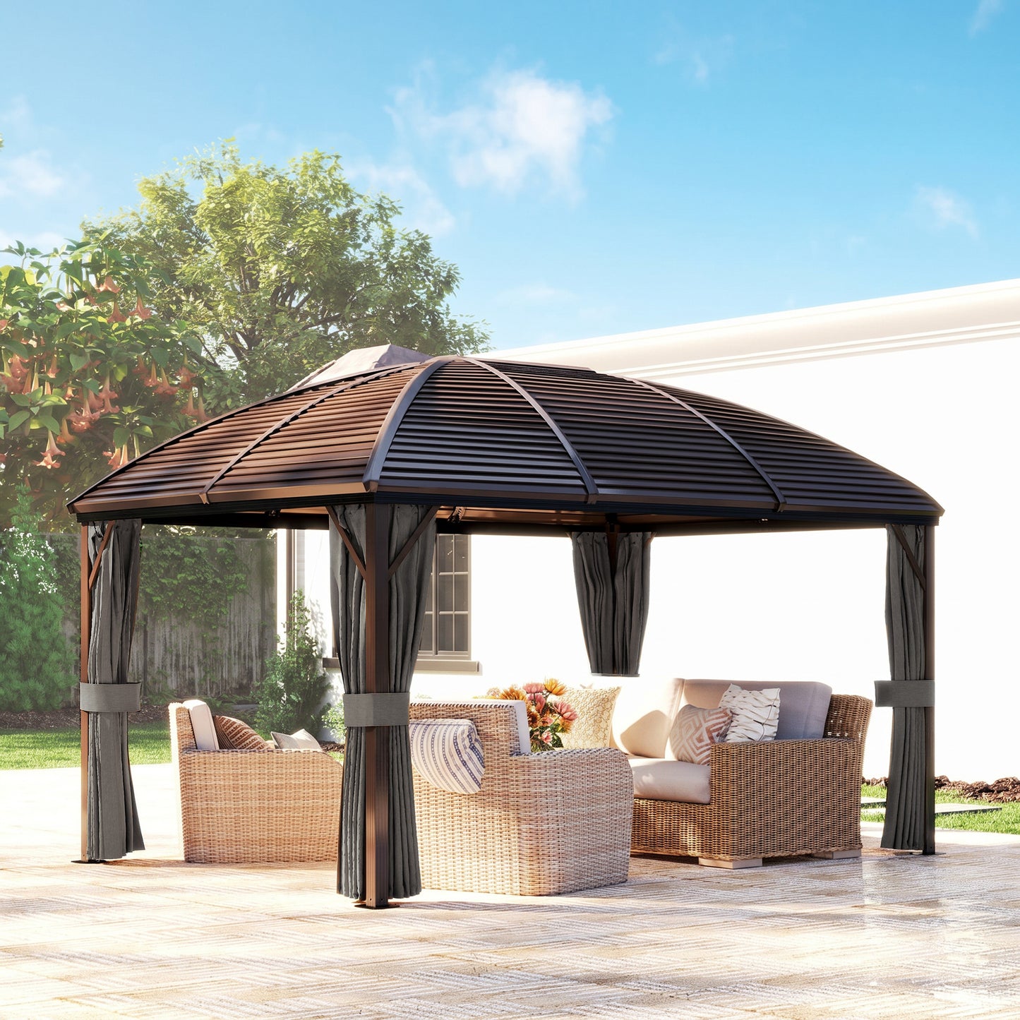 Outsunny 3 x 4m Hardtop Gazebo Canopy with Metal Roof, Aluminium Gazebo Permanent Pavilion with Netting and Curtains, Dark Grey