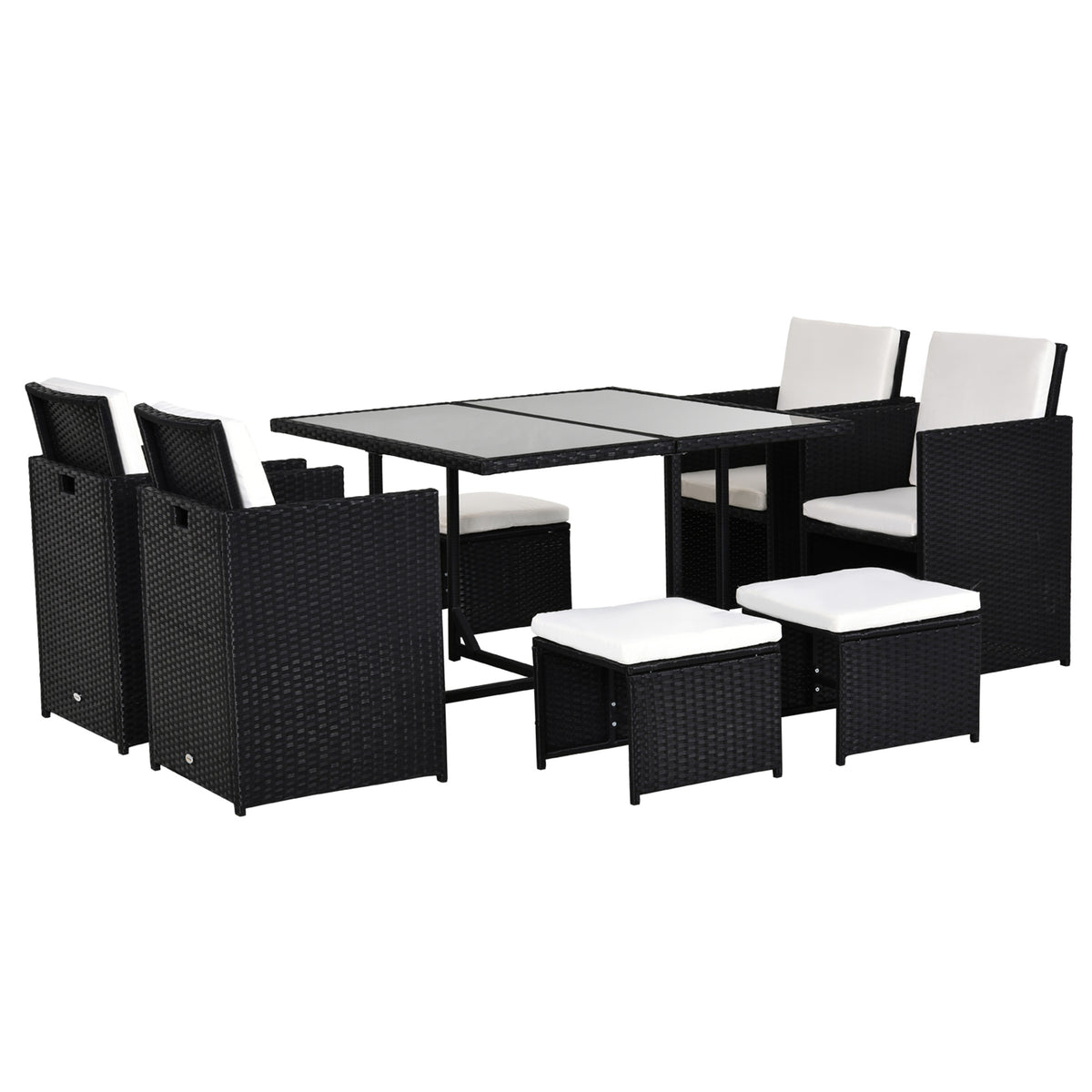 Photo of Outsunny 9 Piece Rattan Cube Garden Furniture Dining Set with Armchairs, Footstools and Glass-Top Table, Black in Black colour on a white background