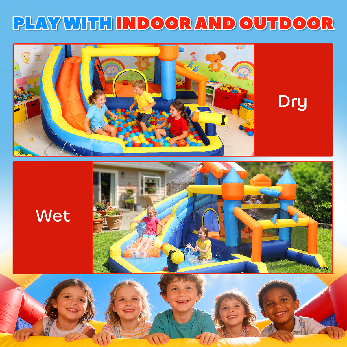 AIYAPLAY Bouncy Castle for Kids, Inflatable Bounce House with Long Slide, Splash Pool and 550W Blower for Indoor Outdoor