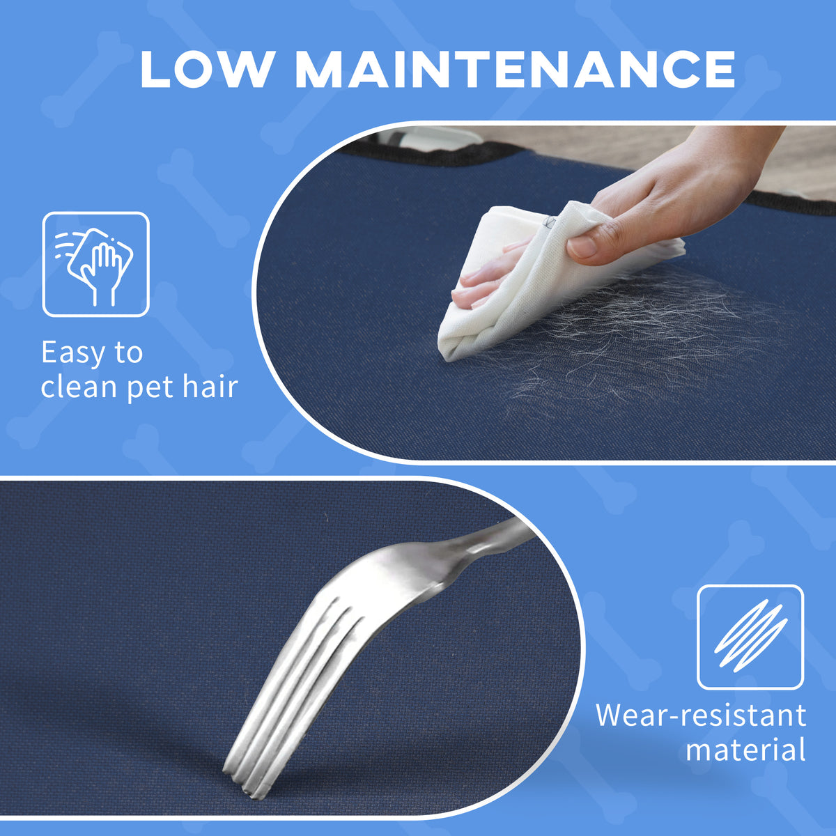 Blue pet bed fabric shown being wiped clean and tested for wear resistance