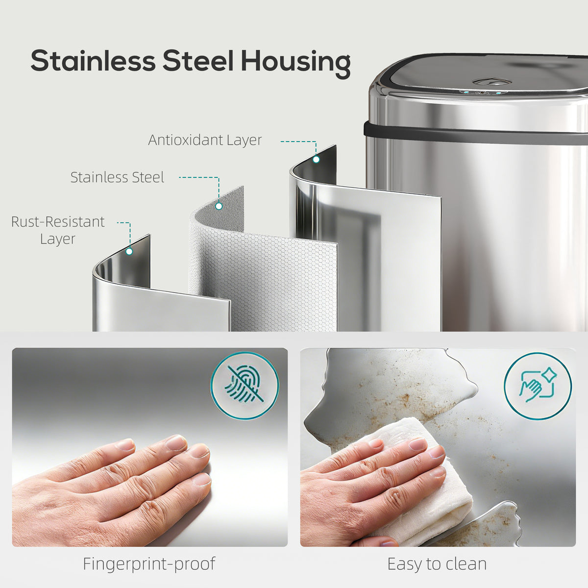 HOMCOM 50L Stainless Steel Sensor Bin - Silver Tone