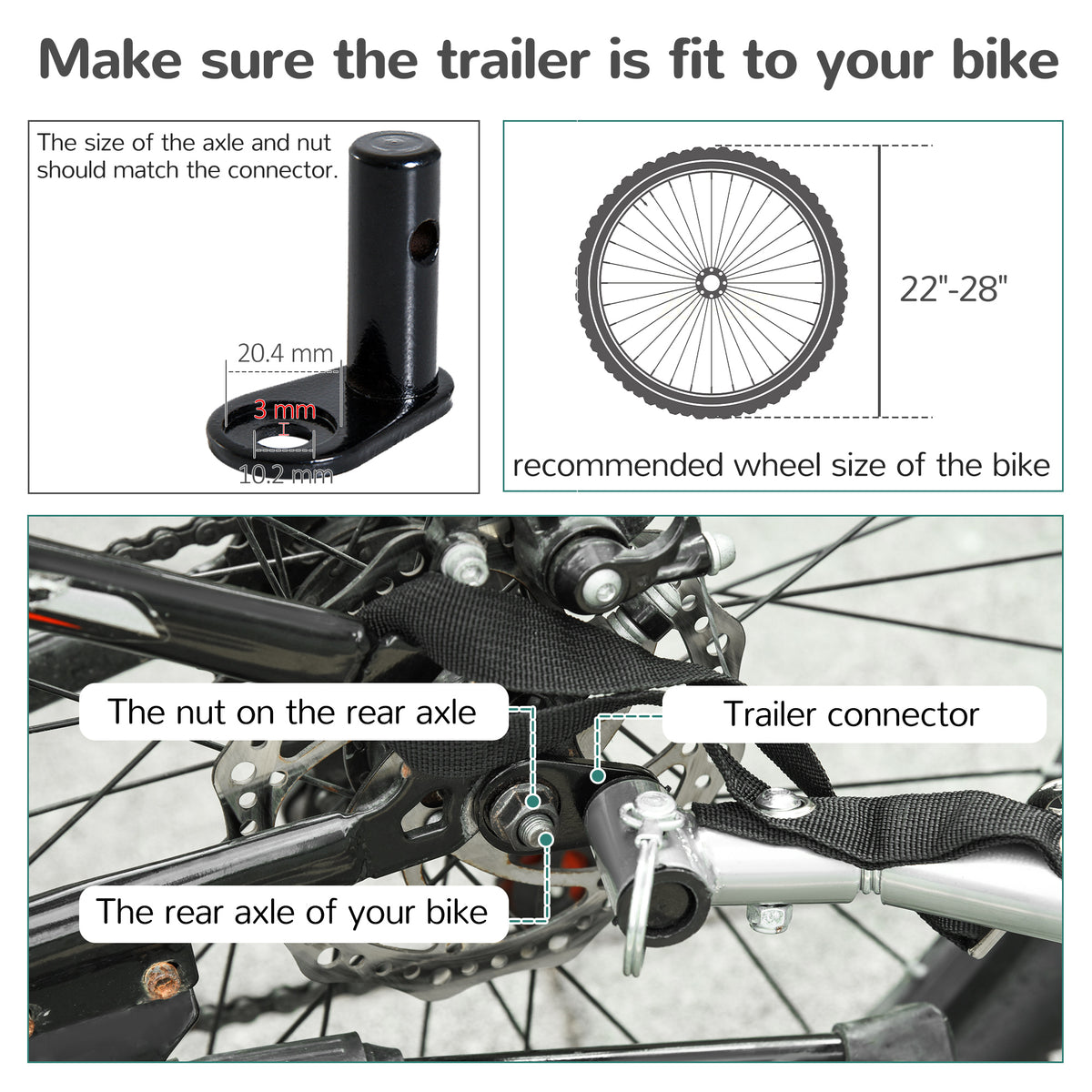 HOMCOM bike trailer connector guide showing axle fit and recommended 22–28 inch bike wheels