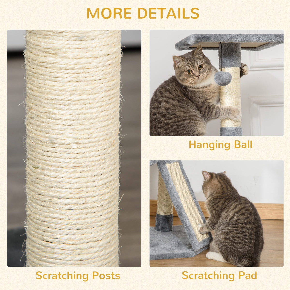 Grey cat tree details: sisal scratching post, hanging ball and angled scratching ramp
