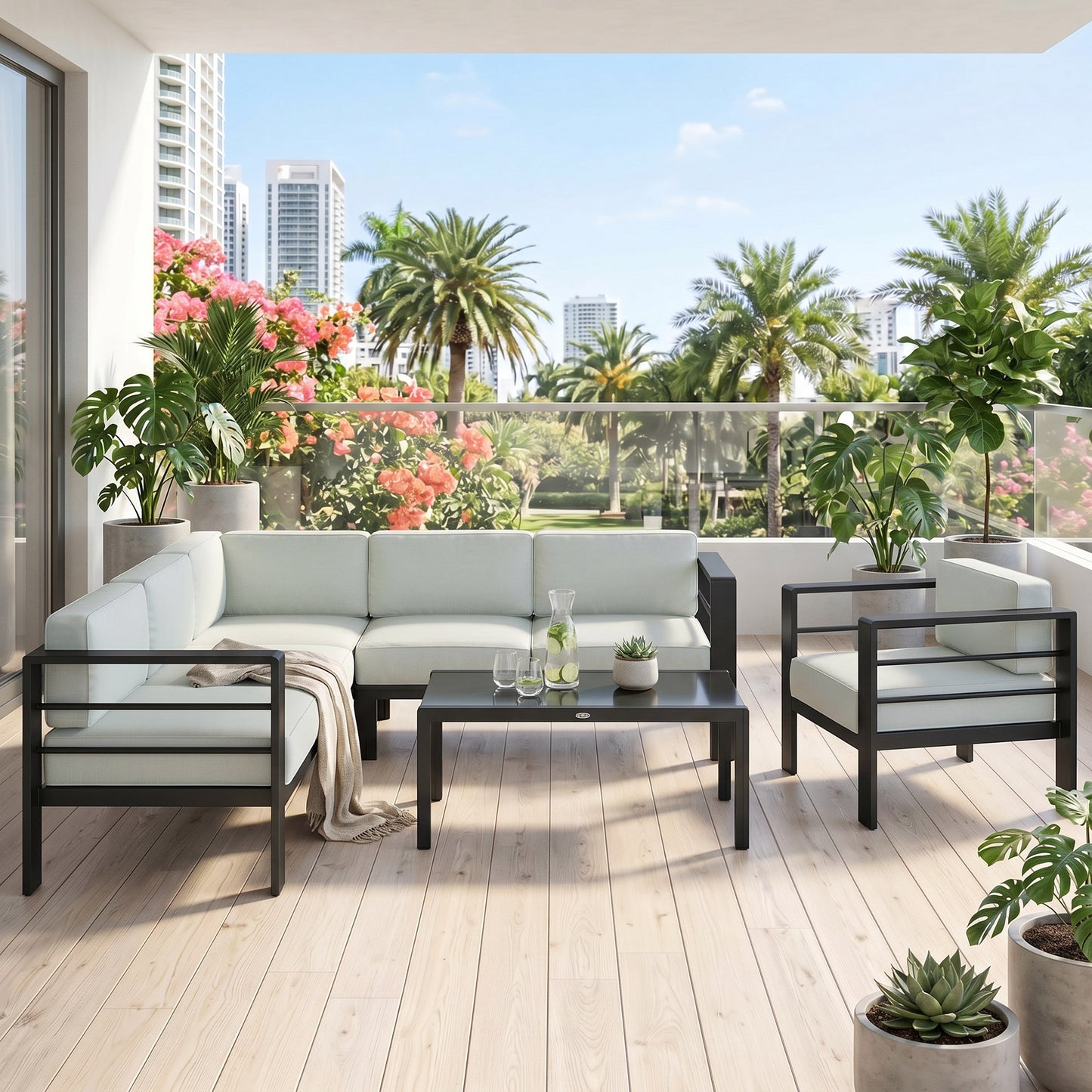 Outsunny 5-Piece Garden Corner Sofa Set with Cushions, 6 Seater Aluminium Garden Furniture Set with Coffee Table, Light Grey