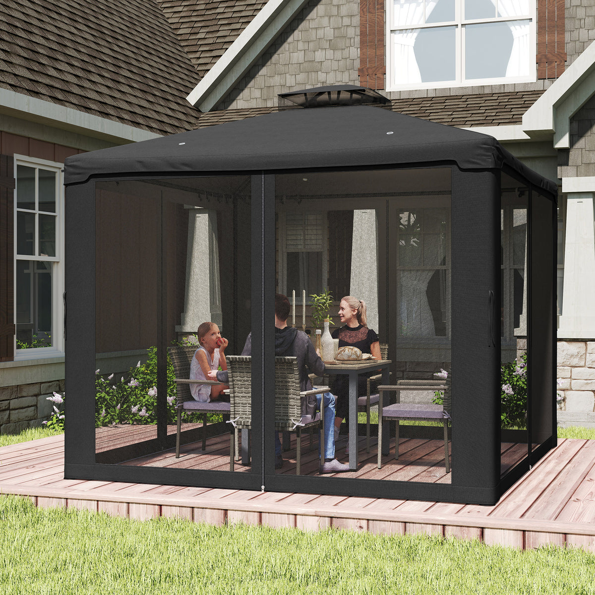Outsunny 3 x 3 m Metal Gazebo, Garden Pavillion, Double Roof Outdoor Canopy Shelter with Mesh Sidewalls, Black