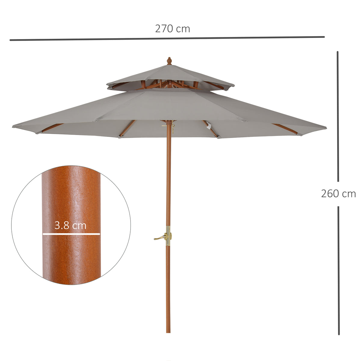 Outsunny grey parasol with wooden pole, 270 cm wide and 260 cm tall