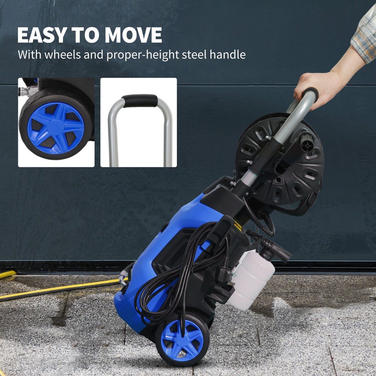 Outsunny 1800W High Pressure Washer, 150 Bar Pressure, 420 L/h Flow, Portable Power Washer Jet Wash Cleaner with Adjustable Nozzle, 6M Hose, Hose Reel, Steel Handle for Home Patio Car Driveway, Blue