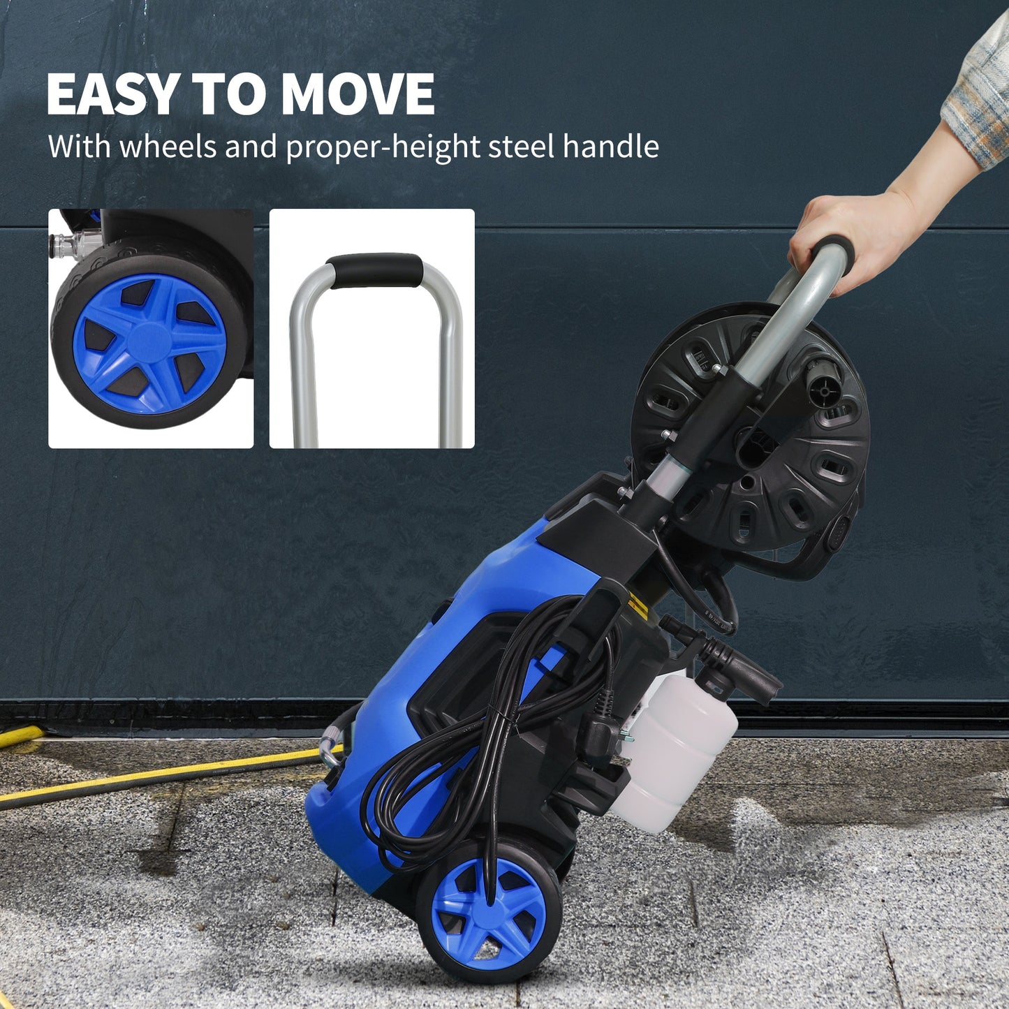 Outsunny 1800W High Pressure Washer, 150 Bar Pressure, 420 L/h Flow, Portable Power Washer Jet Wash Cleaner with Adjustable Nozzle, 6M Hose, Hose Reel, Steel Handle for Home Patio Car Driveway, Blue