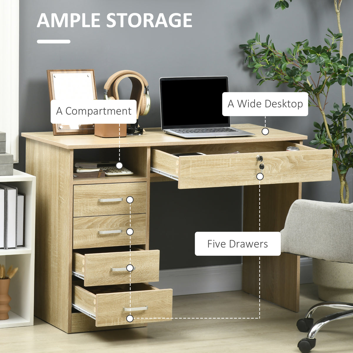 Oak computer desk with open drawers, a storage shelf, and wide desktop