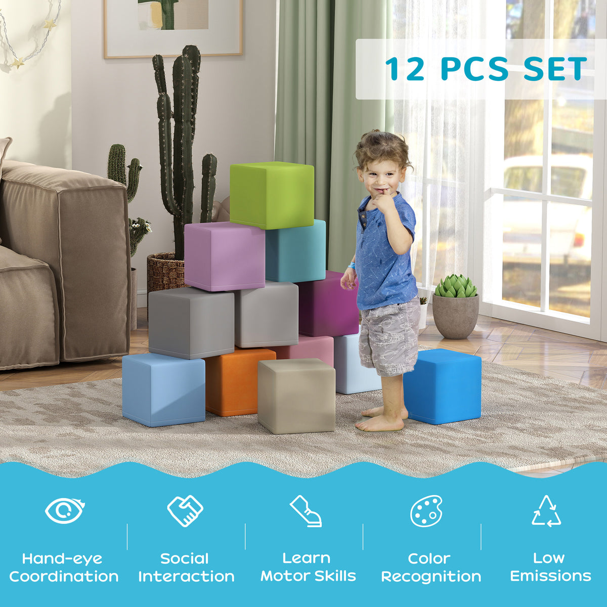 HOMCOM 12-piece soft play block set stacked beside a child