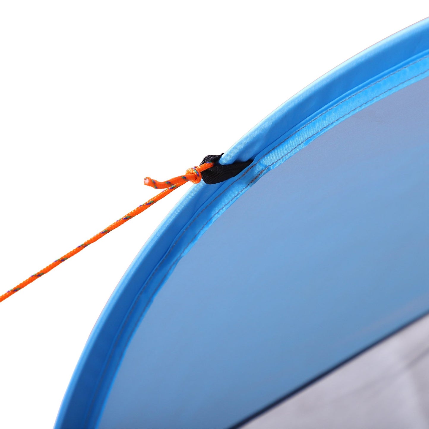 Blue tent fabric edge with an orange guyline tied to a loop