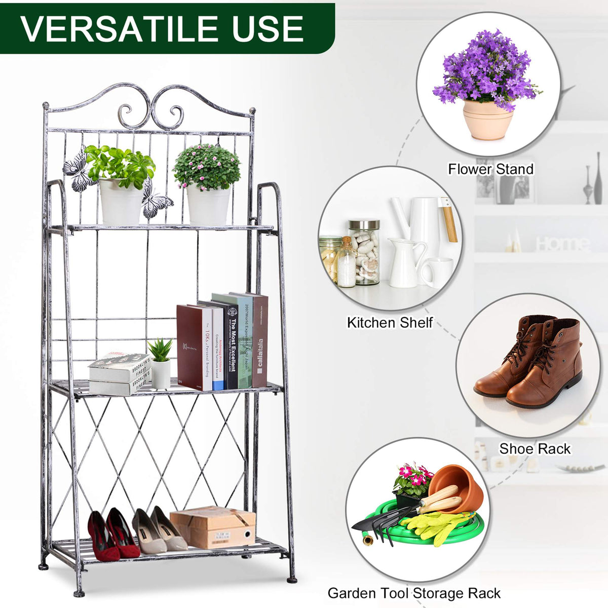 Outsunny metal plant stand holding potted plants, books, shoes, and garden supplies